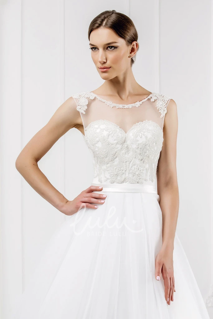 Illusion Appliqued Tulle Wedding Dress with Scoop Neckline Elegant Bridal Gown