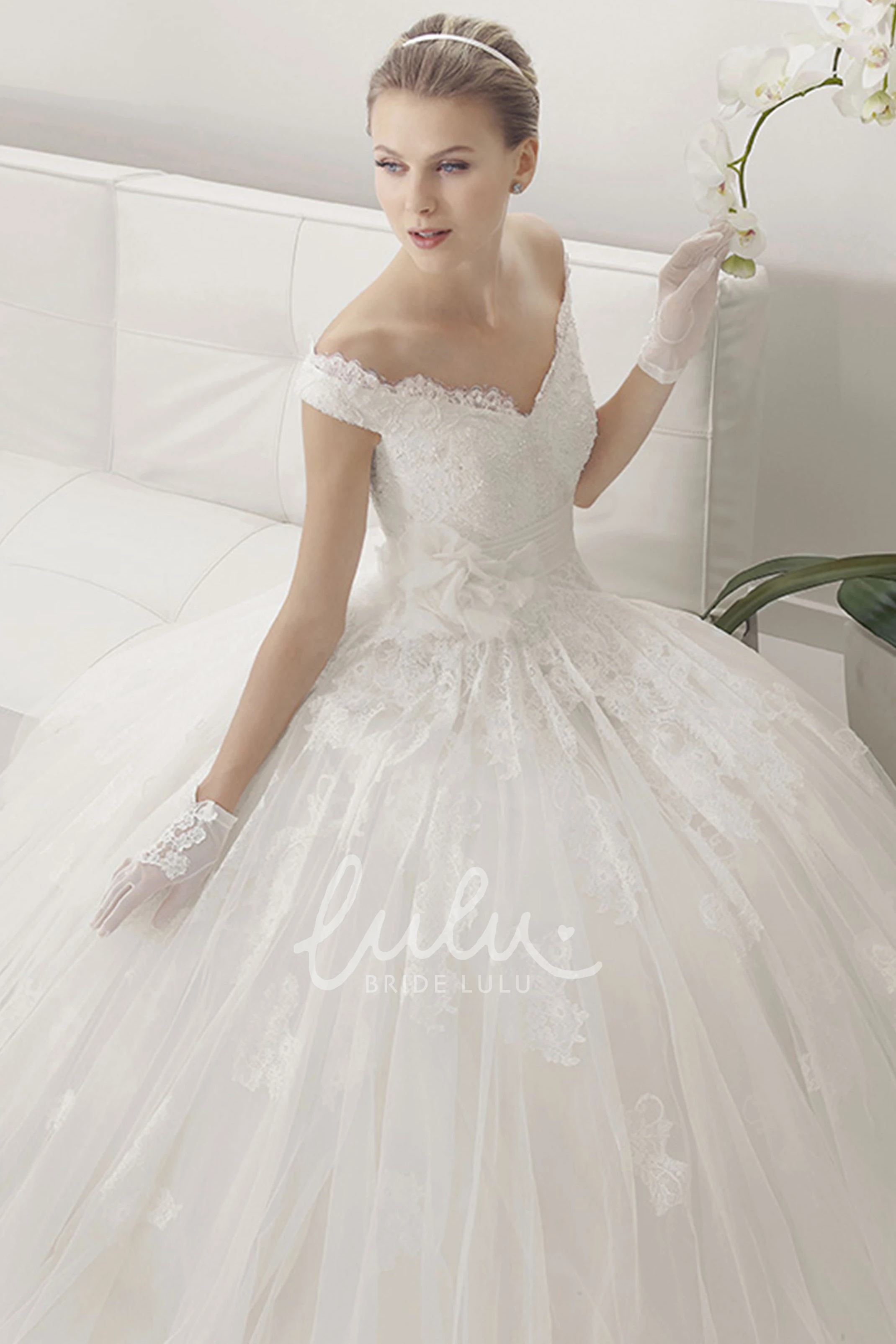 Lace Off Shoulder Tulle Ball Gown with Front Flower Elegant Wedding Dress
