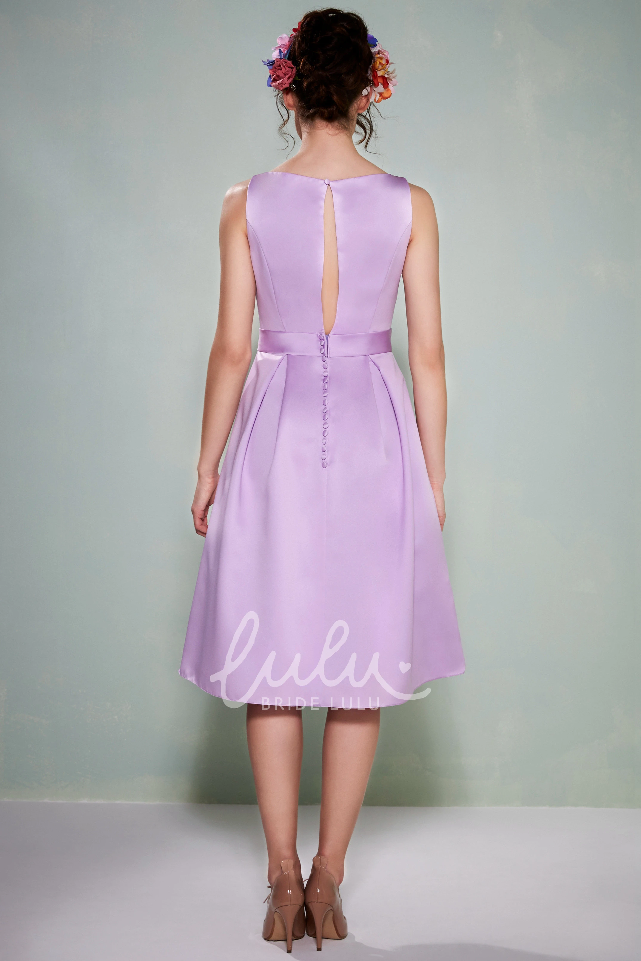 Satin Bridesmaid Dress with Sleeveless Bateau Neck Tea-Length Dress