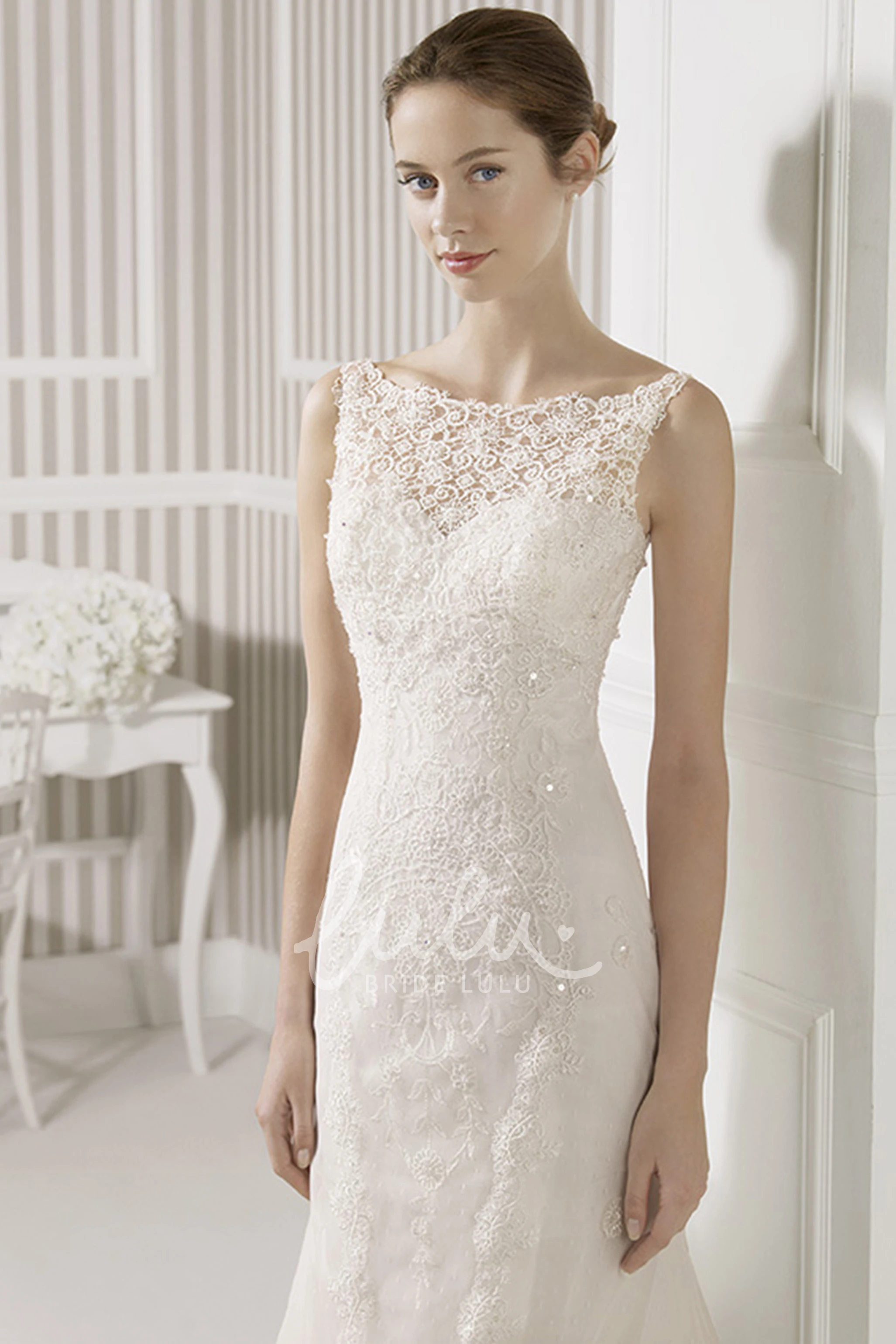 Bateau Sleeveless Lace Sheath Wedding Dress with Illusion Back and Court Train