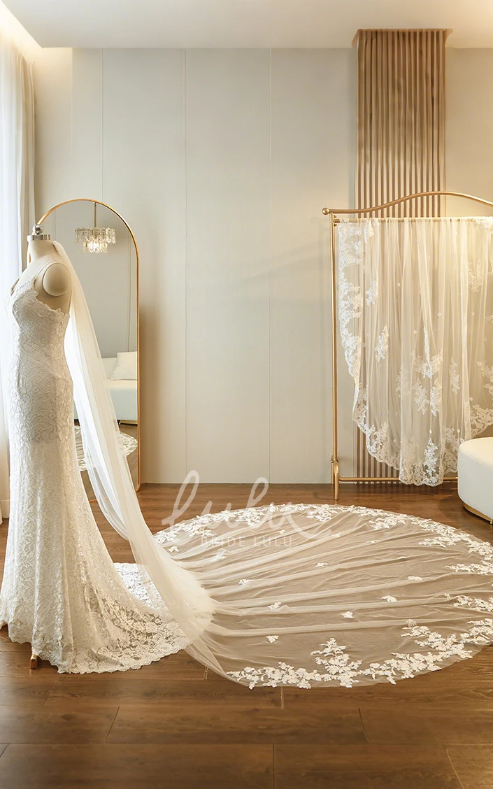 Boho Floral One-Tier Lace Edge Tulle Cathedral Length Wedding Veil