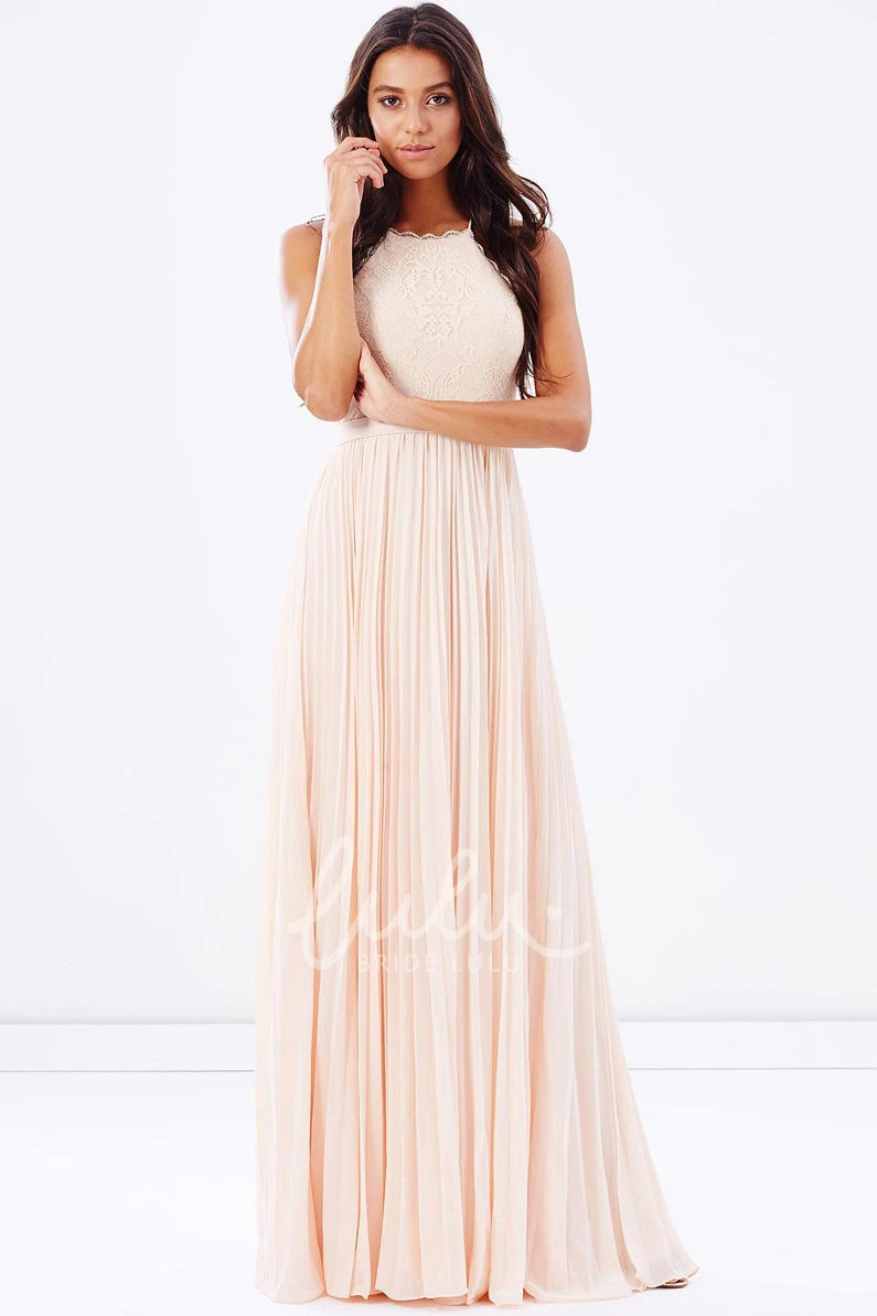 Chiffon Bridesmaid Dress Pleated Spaghetti Sleeveless with Lace and Ribbon