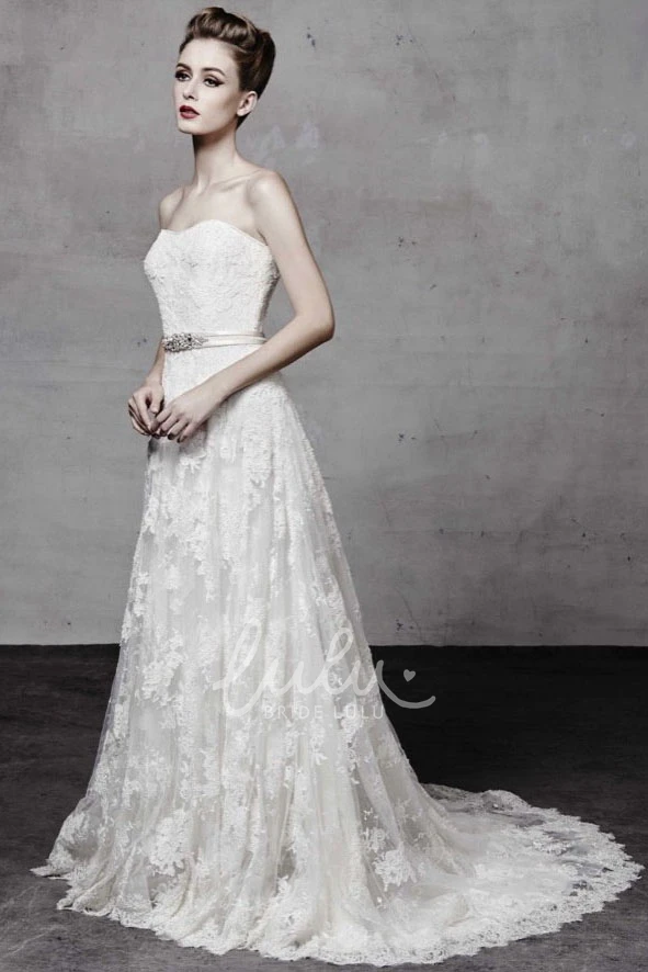 Strapless Lace Wedding Dress with Appliques Jeweled Long