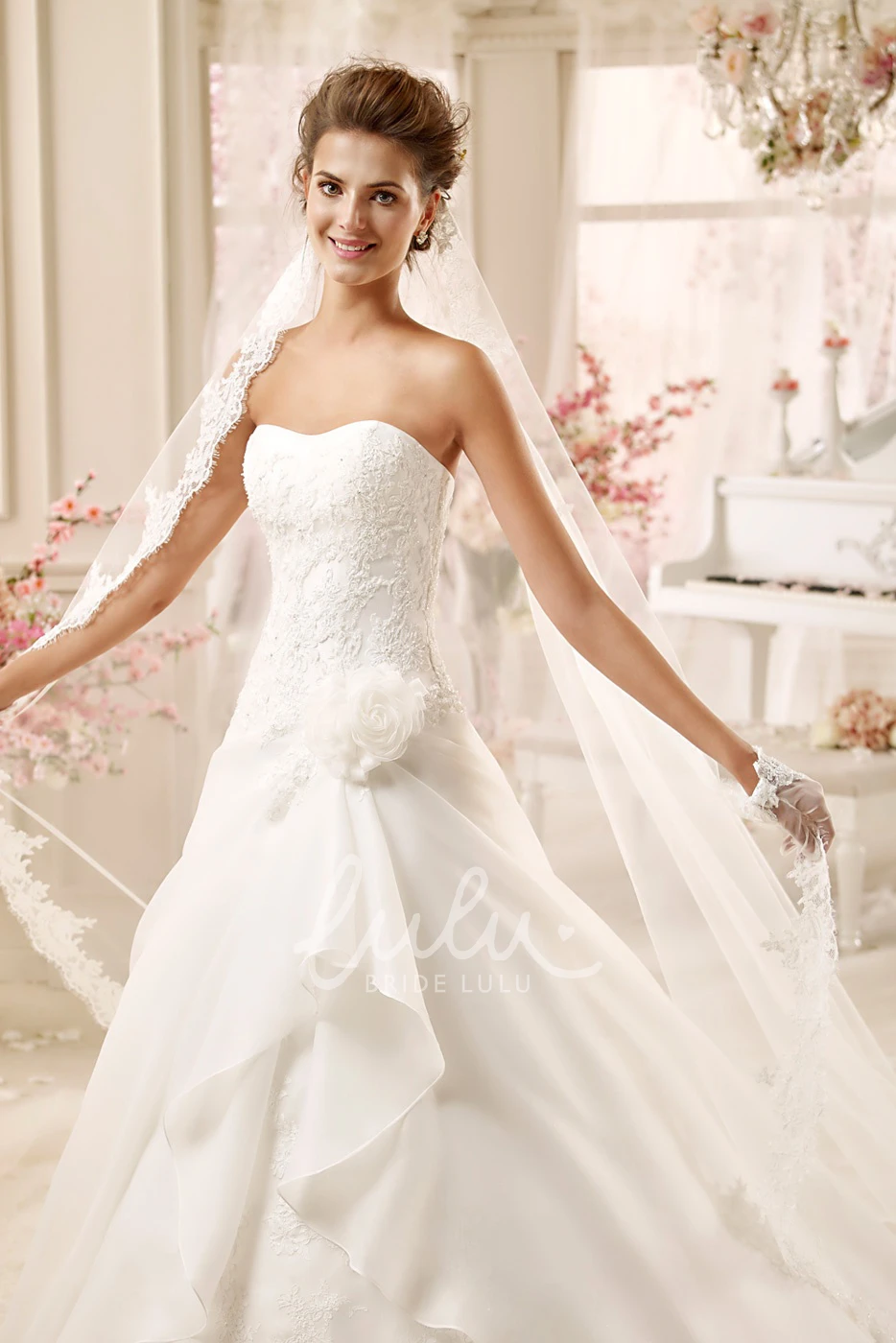 A-line Wedding Dress with Flowers and Ruching Strapless Style
