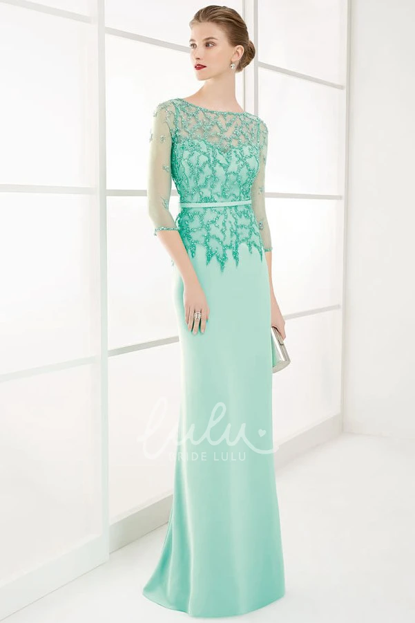 Beaded Satin Scoop-Neck Prom Dress Floor-Length Sheath