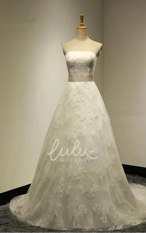 Simple Long Strapless A-line Wedding Dress With Sash And Court Train