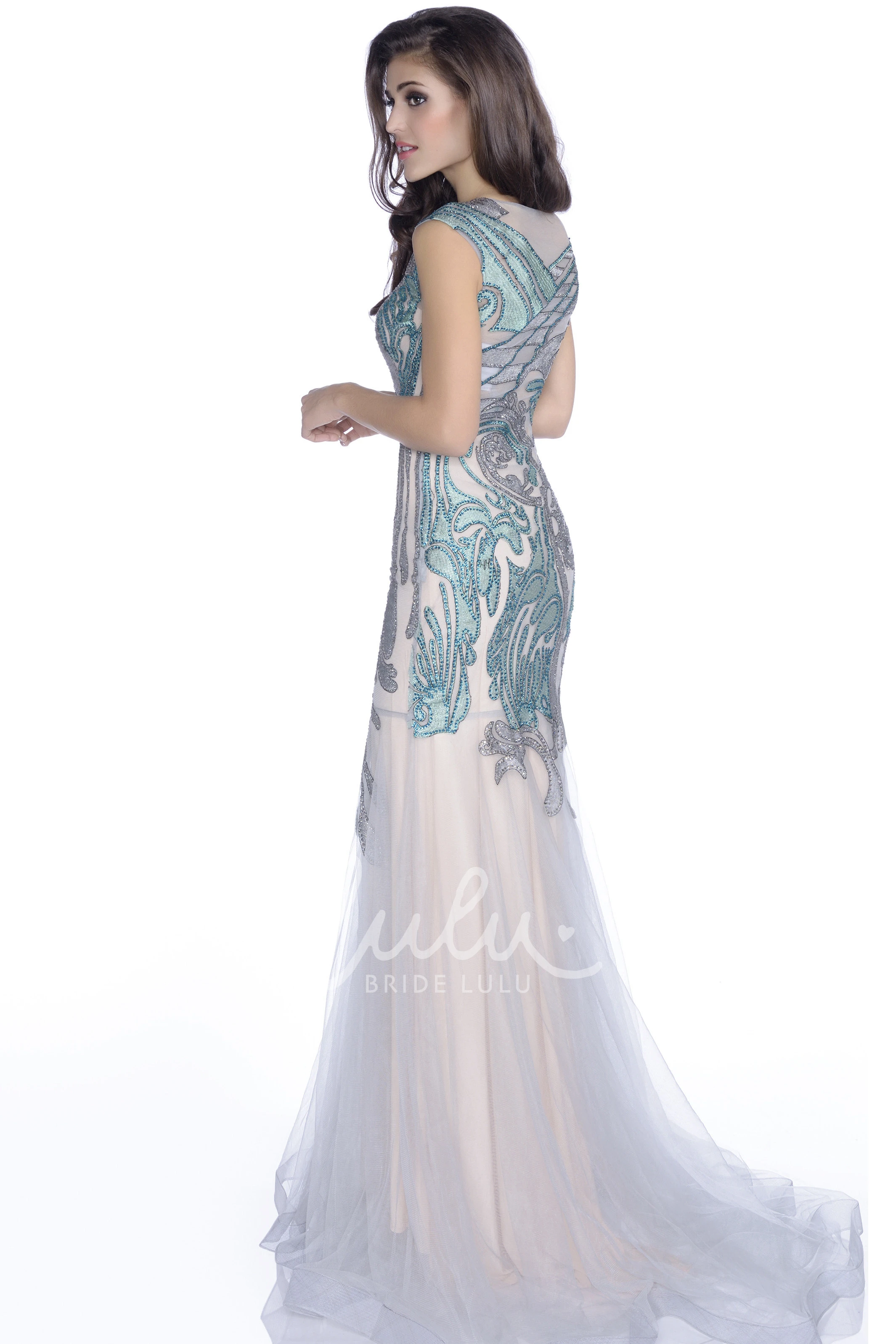 Sequined Bodice Tulle Mermaid Prom Dress with Cap Sleeve Modern Women's Dress