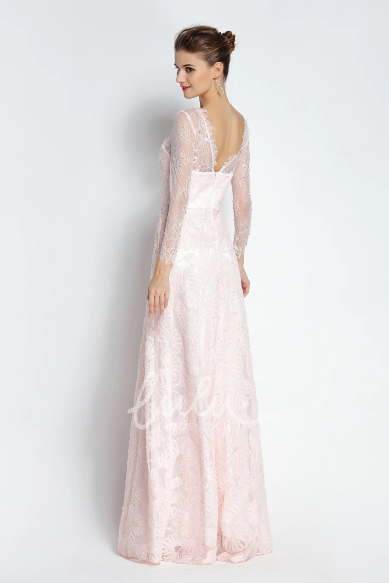 Bateau Scalloped Lace A-Line Prom Dress with Beading and Pockets Long Sleeve