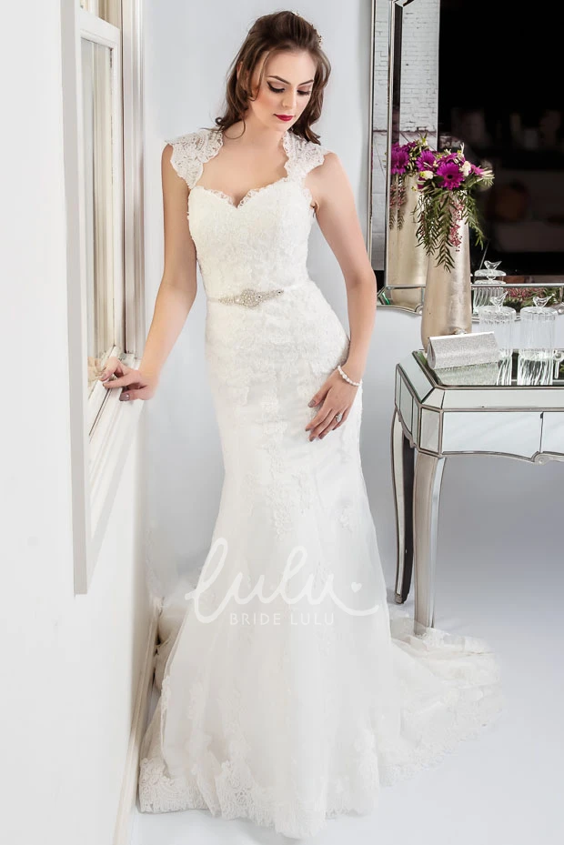 Queen-Anne Appliqued Lace Sheath Wedding Dress with Keyhole Back and Waist Jewelry Modern Wedding Dress