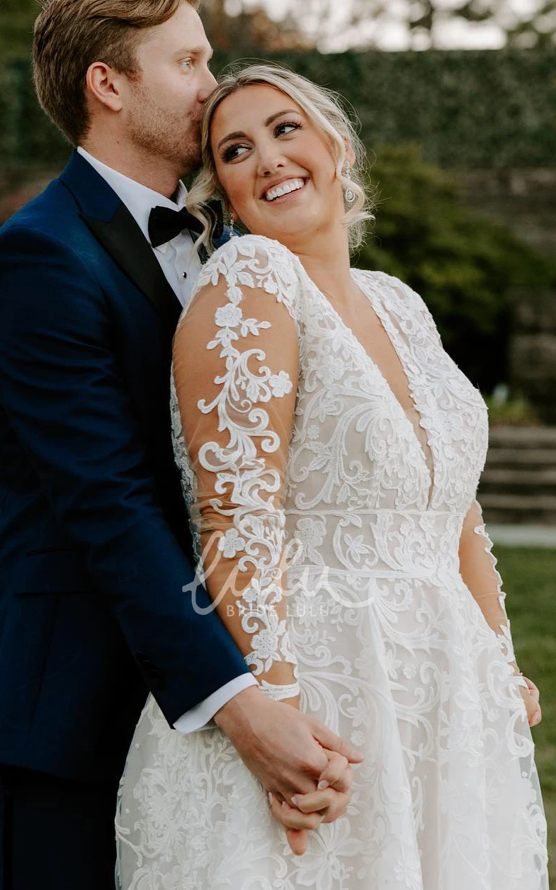 Sexy Plus Size Court Wedding Dress Illusion Long Sleeve Appliques Tulle Sweep Train Gown