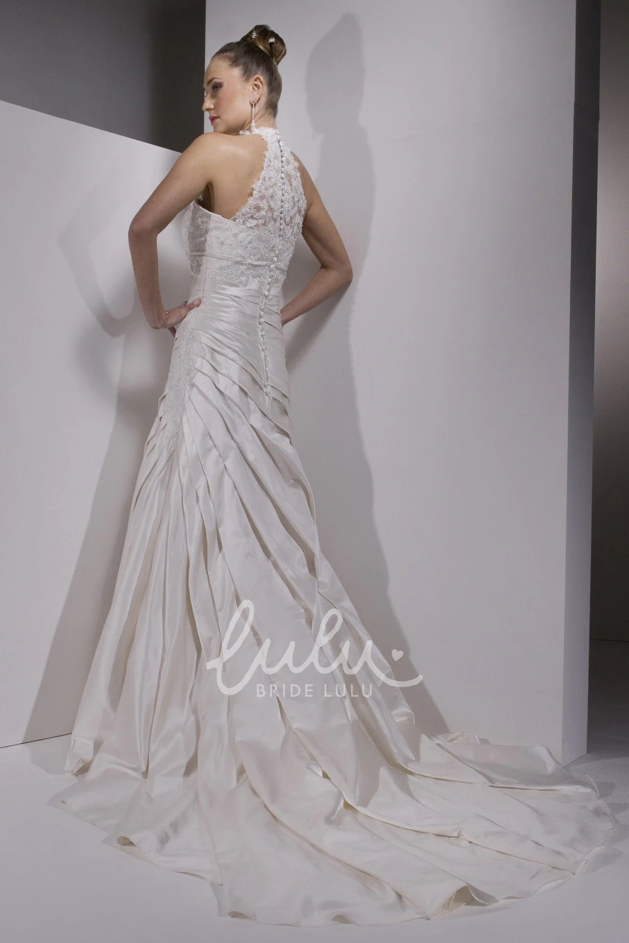 High Neck Sleeveless Satin Wedding Dress with Illusion Back Sheath Style Appliques
