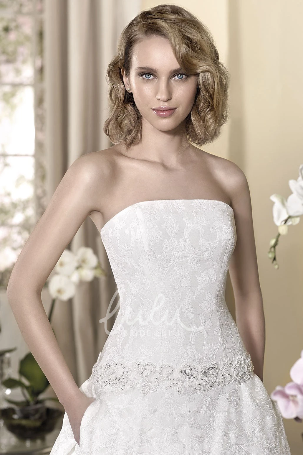 Jeweled Strapless Sleeveless Ball Gown Wedding Dress with Floor-Length