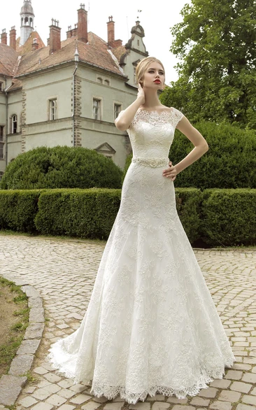 Lace Cap Sleeve Wedding Dress with Flower and Corset Back