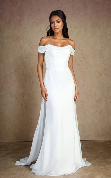 Simple Solid Chiffon Off-the-shoulder Sheath Wedding Dress Beach Plus Size Floor-length Sleeveless Backless Bridal Gown with Button Back Brush Train