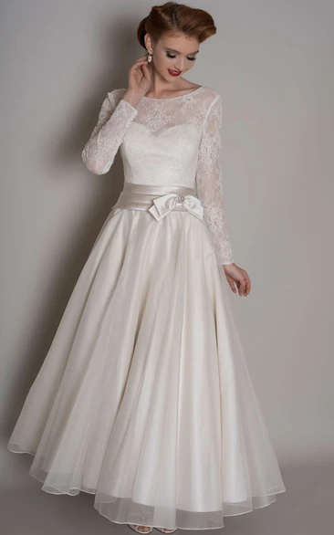 Satin&Tulle Floor-Length A-Line Wedding Dress with Bow Lace Long-Sleeve Bridal Gown