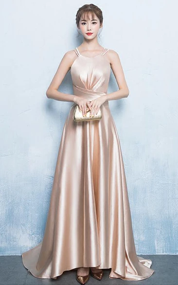 Sleeveless Satin A-Line Formal Dress with Cross Back and Criss Cross Bridesmaid Dress