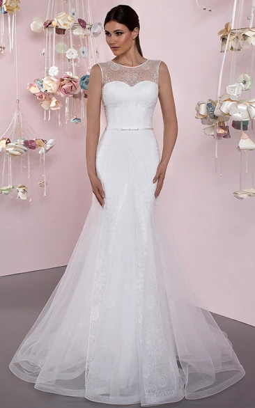 Sleeveless Mermaid Tulle Wedding Dress Appliqued Scoop Neck Low-V Back Floor-Length