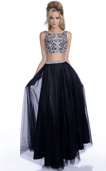 A-Line Tulle Sleeveless Prom Dress with Jeweled Bodice and Bateau Neckline