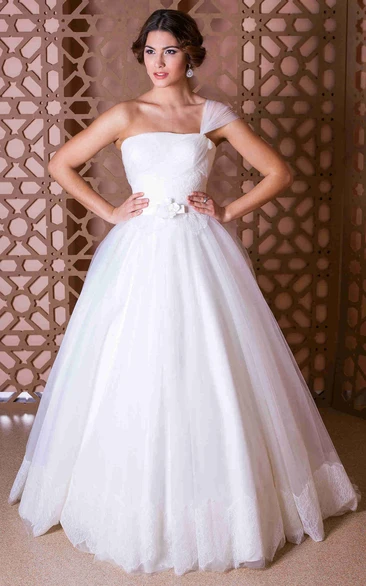 Tulle One-Shoulder Ball Gown Wedding Dress with Lace-Up Classy Bridal Gown