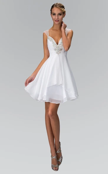 Chiffon Beaded A-Line Short Country Formal Dress with Queen Anne Neckline and Ruching