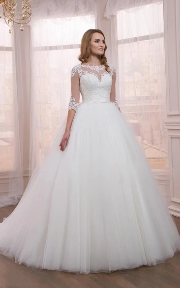 Appliqued Tulle Ball Gown Dress with Half Sleeves