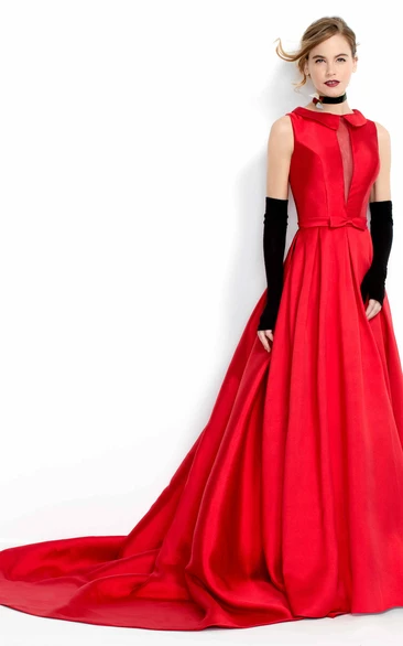 High-Neck A-Line Satin Prom Dress Sleeveless Floor-Length