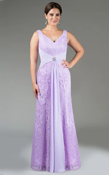 Lace Sheath V Neck Bridesmaid Dress with Crystal Waist Knot Long Bridesmaid Dress