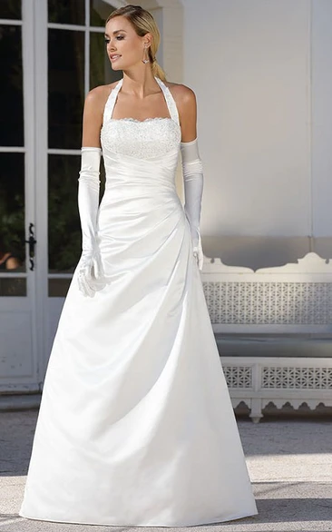 Satin Wedding Dress with Beading Sleeveless Halter Side-Draped A-Line
