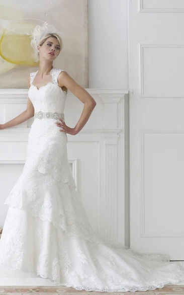 Lace Cap-Sleeve Tiered Wedding Dress with Court Train and Sweetheart Neckline