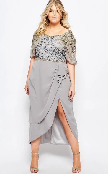 Sequined Short Sleeve Chiffon Bridesmaid Dress Tea-Length Elegant