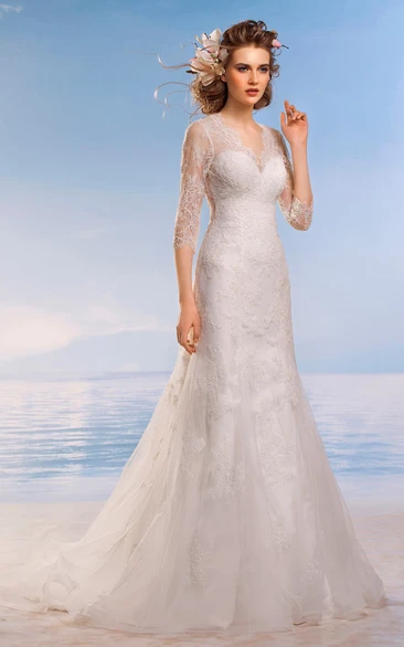 V-Neck Lace Applique A-Line Dress with Keyhole and 3/4 Sleeves