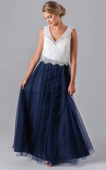 Sleeveless Lace Tulle Bridesmaid Dress V-Neck Elegant Women's Dress