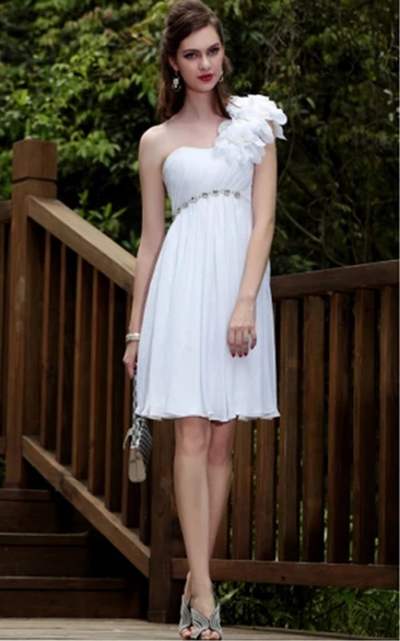 One Shoulder White Sheath Knee-length Formal Dress with Ruffles