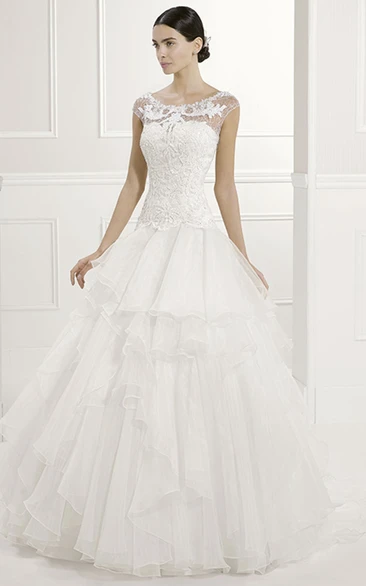 Cap Sleeve Organza Bridal Gown with Jewel Neck and Lace