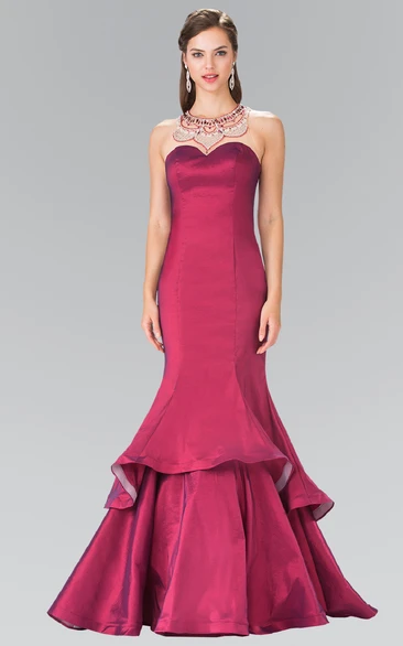 Satin Trumpet Sleeveless Illusion Bridesmaid Dress with Beading and Tiers