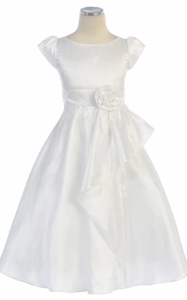 Tiered Taffeta Flower Girl Dress with Ribbon Tea-Length