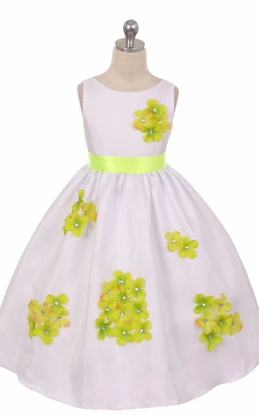 Beaded Floral Ribbon Tea-Length Flower Girl Dress