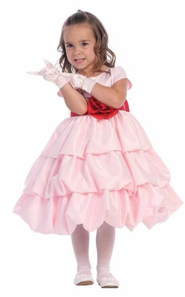 Satin Cap-Sleeve Tiered Tea-Length Flower Girl Dress with Ribbon