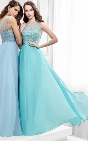 Sleeveless Scoop-Neck Floor-Length Chiffon Prom Dress Flowy Prom Dress with Criss-Cross