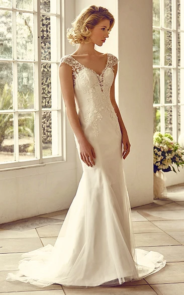 Lace&Tulle Cap-Sleeve V-Neck Wedding Dress Floor-Length