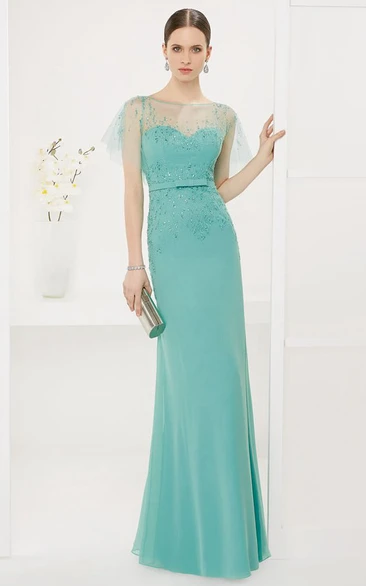 Sheath Chiffon Long Prom Dress with Batwing Sleeve and Crystals Modern Dress