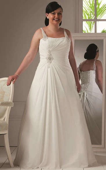 A-Line Organza Bridal Gown with Pearl Straps Lace-up Wedding Dress