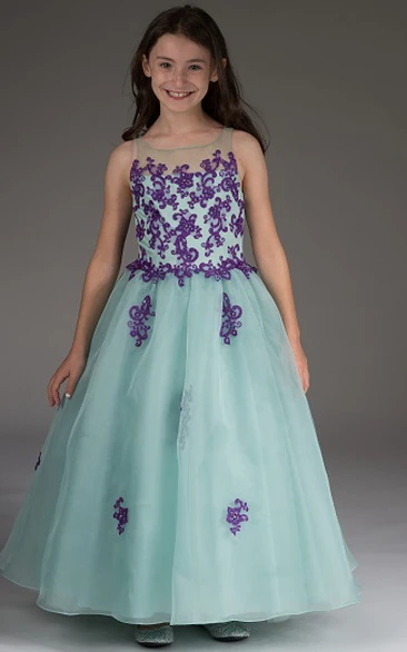 Organza Appliqued Bodice Ball Gown Flower Girl Dress with Illusion Neck