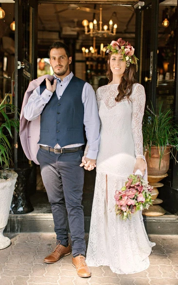 Mermaid Lace Wedding Dress with High Neck and Front Split