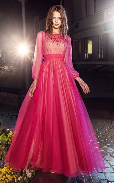 Bateau Sleeve A-Line Formal Dress with Tulle Illusion and Long Sleeves