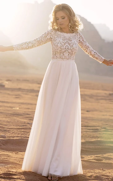 Illusion Sleeve A-Line Chiffon Beach Wedding Dress with Bateau Neckline