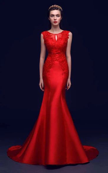 Satin Mermaid Formal Dress with Appliques Strapless Pleated Gown