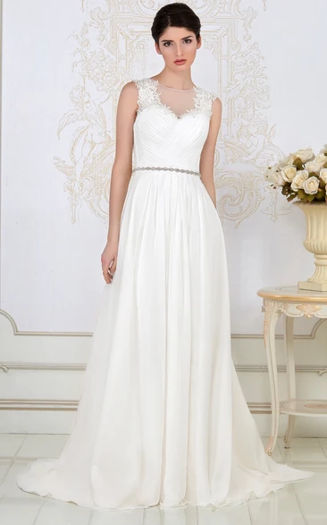 High-Neck Tulle&Satin Wedding Dress Sheath Floor-Length Ruched Appliques