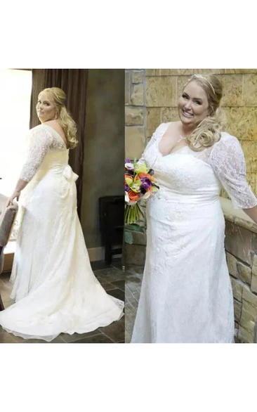 Plus Size Lace Wedding Dress with V-Neckline Long Sleeves and Lace-Up Back