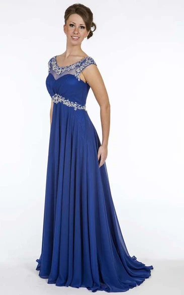 Empire Beaded Chiffon Prom Dress with Cap-Sleeves and Ruching A-Line